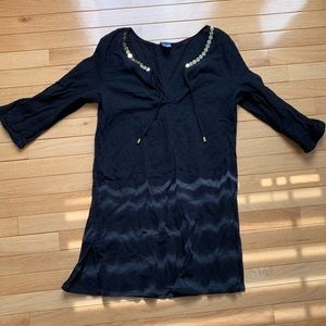Black bathing suit cover up with gold accents